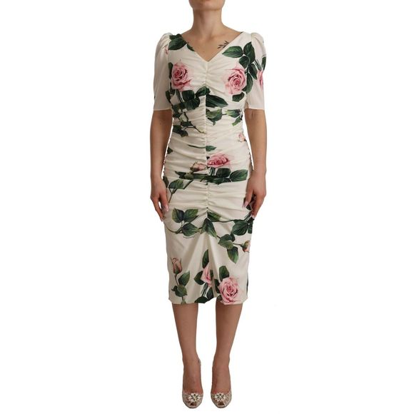Dolce & Gabbana White Floral Print Silk Pleated Midi Dress main image 0